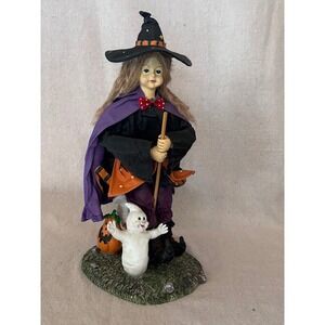 Vintage Halloween Fabric Mache Witch Figurine with Broom, Ghost, and Pumpkin